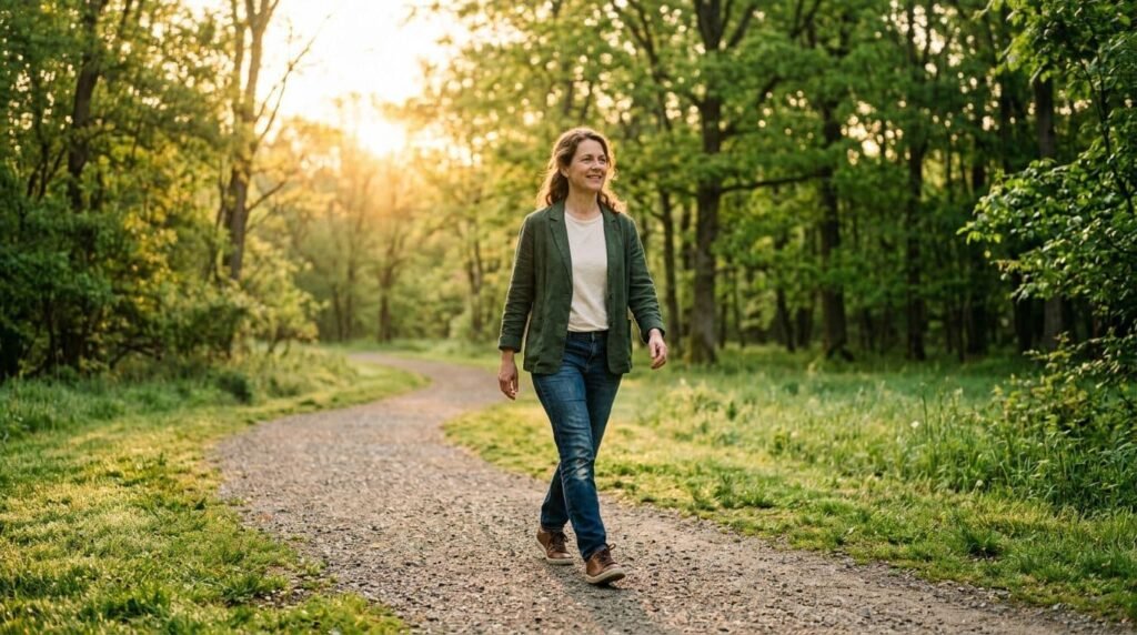 Woman walking through a sunlit park, representing healing and moving forward after a difficult relationship.