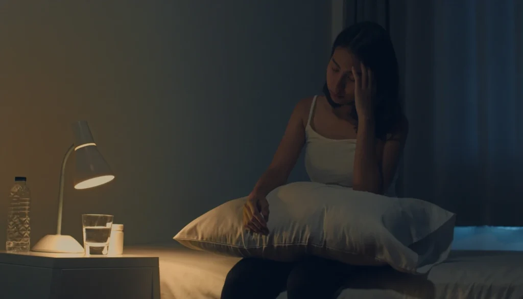 Woman lying awake in bed at night, struggling with overthinking and racing thoughts.