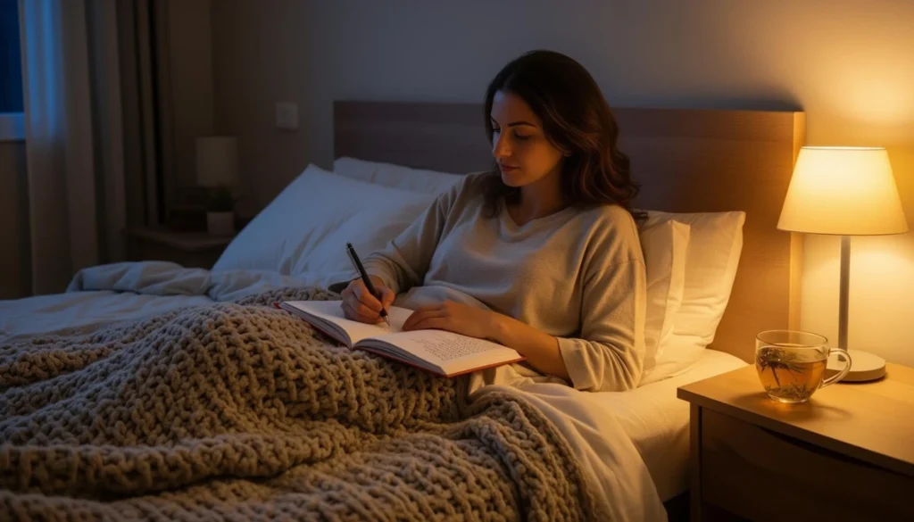 Notebook and pen on a bedside table for writing down worries before going to sleep.